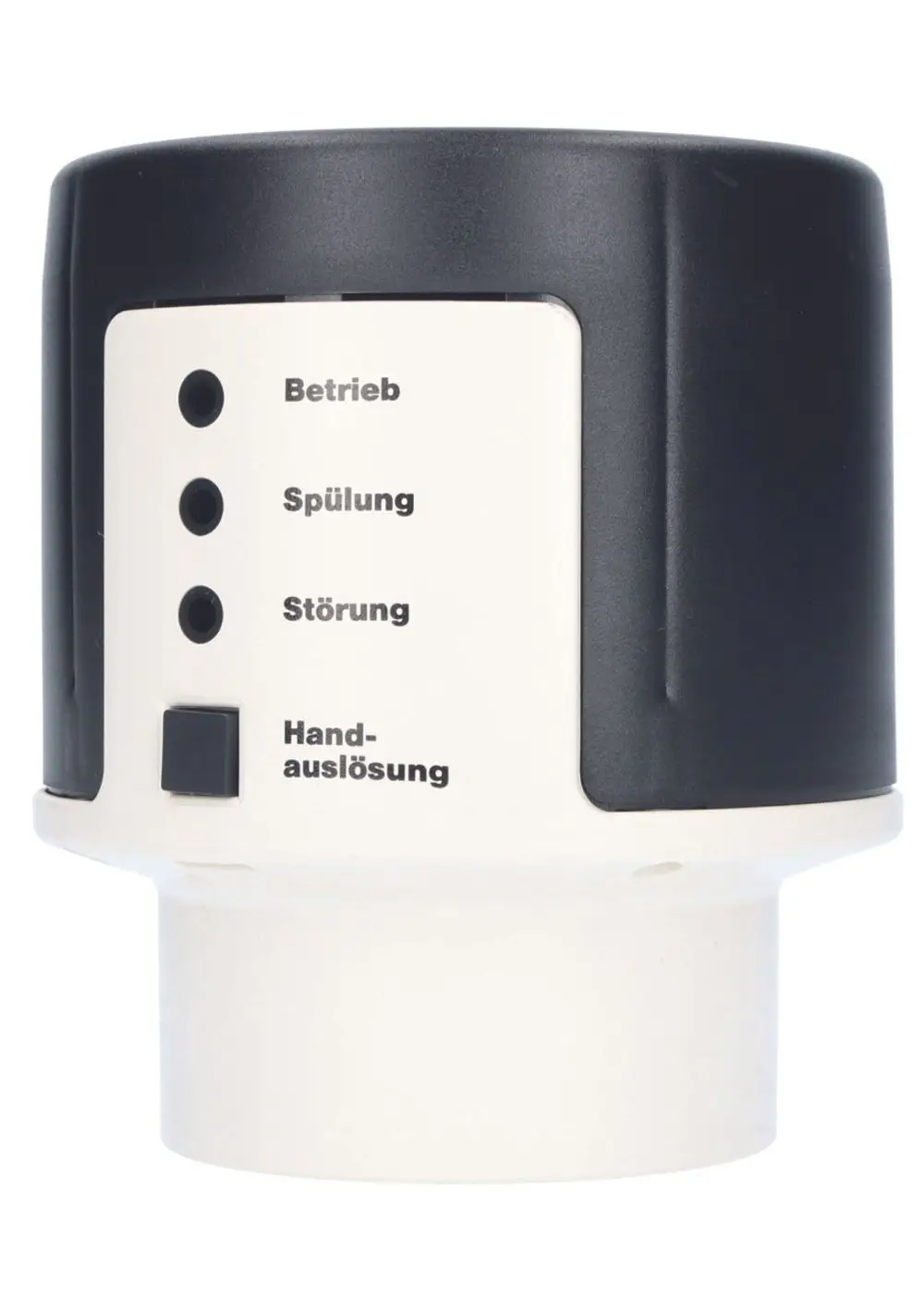Schwarzes Motorgehäuse mit weißen Bedienelementen und LED-Anzeigen für Betrieb, Spülung und Störung. Zusätzlich ein Schalter für die Handauslösung. Produkt von Judo.